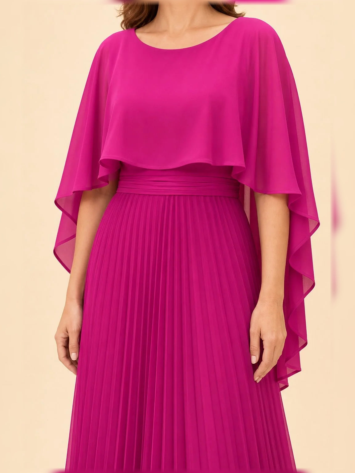 Hot pink pleated A-line dress with sheer ruffled cape sleeves