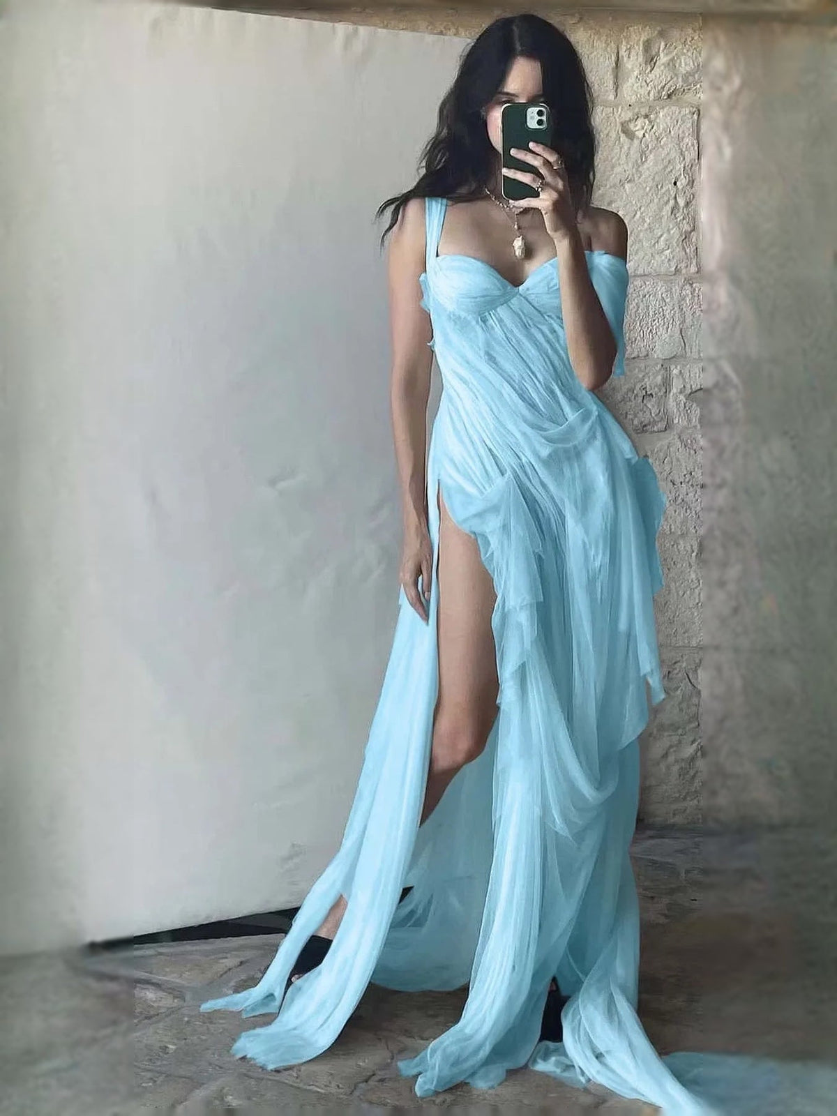 Light blue sweetheart prom maxi dress with draped layered skirt and thigh slit