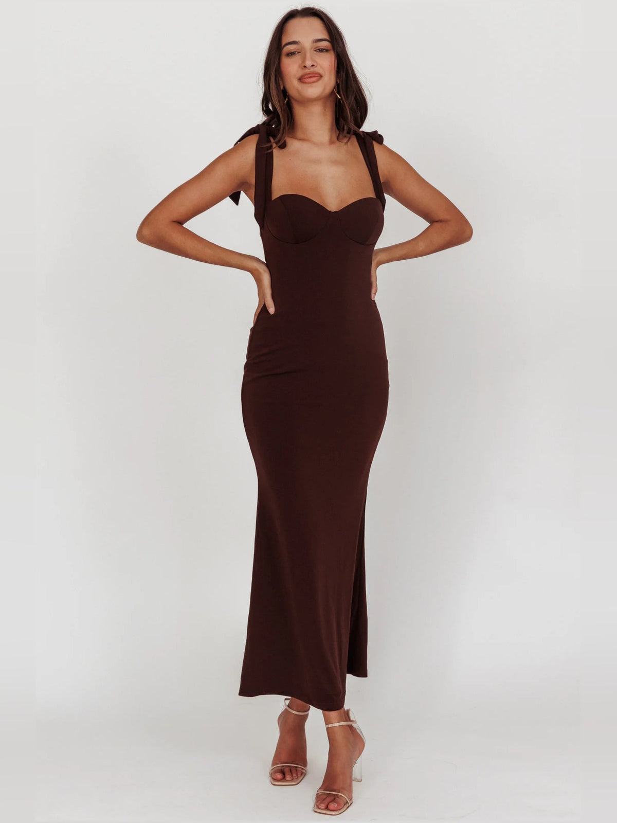 Brown sheath midi formal dress with sweetheart neckline, alternate view showing the skirt