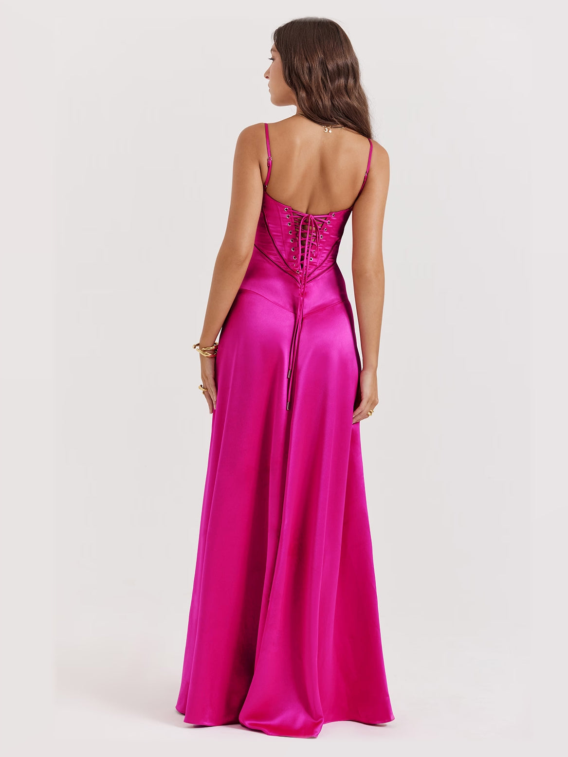 Fuchsia maxi formal dress, alternate full-length view showing the hem