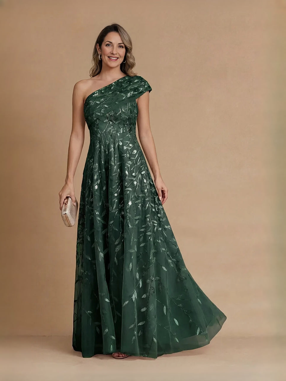 Dark green one-shoulder maxi dress with draped bodice and embroidered A-line tulle skirt