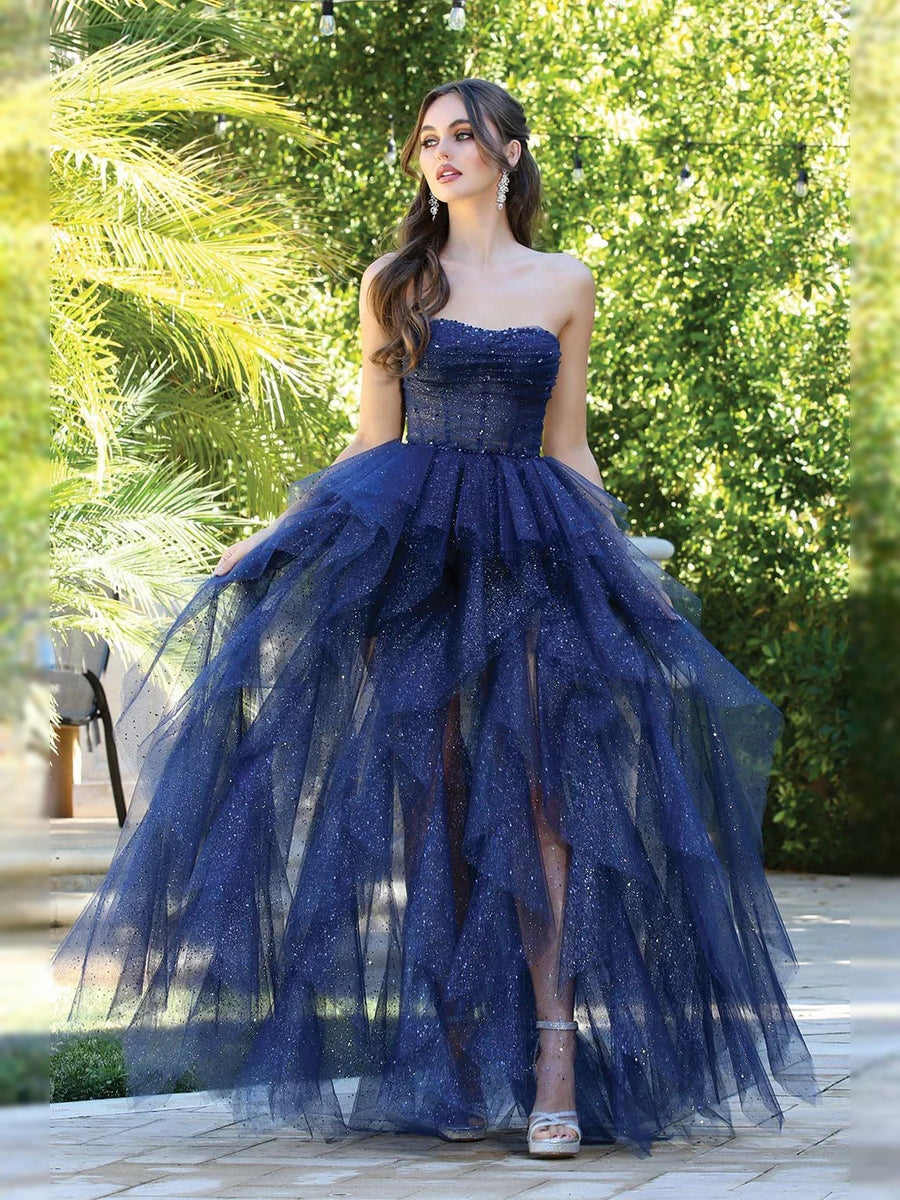 Dark navy strapless corset prom dress with ruched bodice and full A-line tulle skirt
