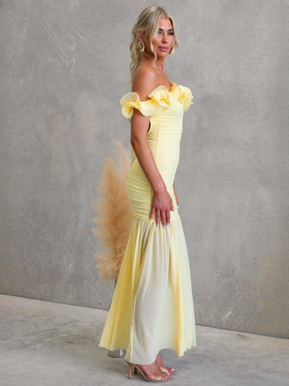 Butter Yellow fit-and-flare maxi formal dress with ruffle details, alternate full-length view showing the skirt