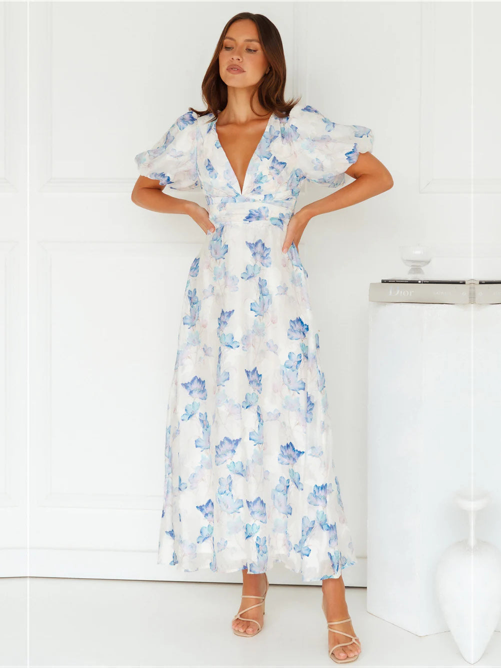 Blue a-line maxi formal dress with floral print, alternate view showing the skirt