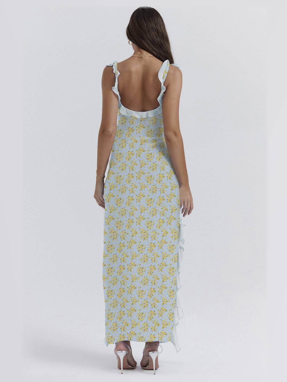 Blue maxi formal dress, alternate full-length view showing the hem