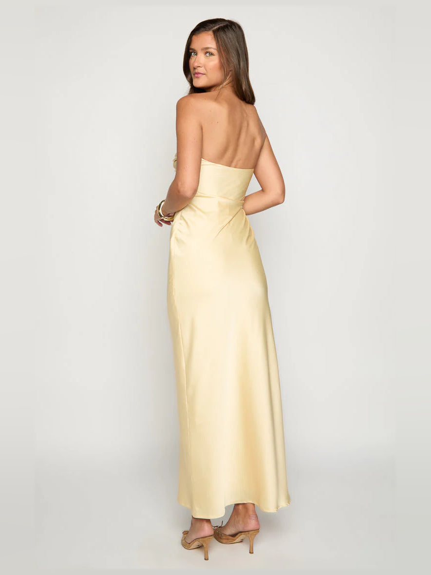 Yellow sheath maxi formal dress with ruching, alternate full-length view showing the skirt