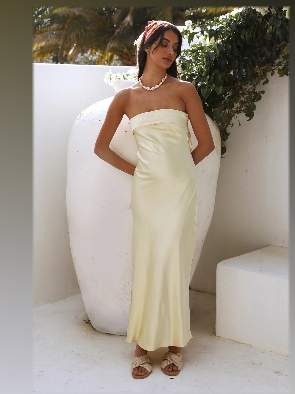 Yellow maxi formal dress, alternate full-length view showing the hem