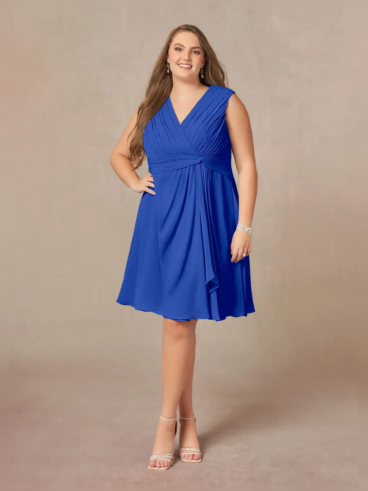 Royal blue ruched V-neck chiffon A-line dress, draped waist, knee length