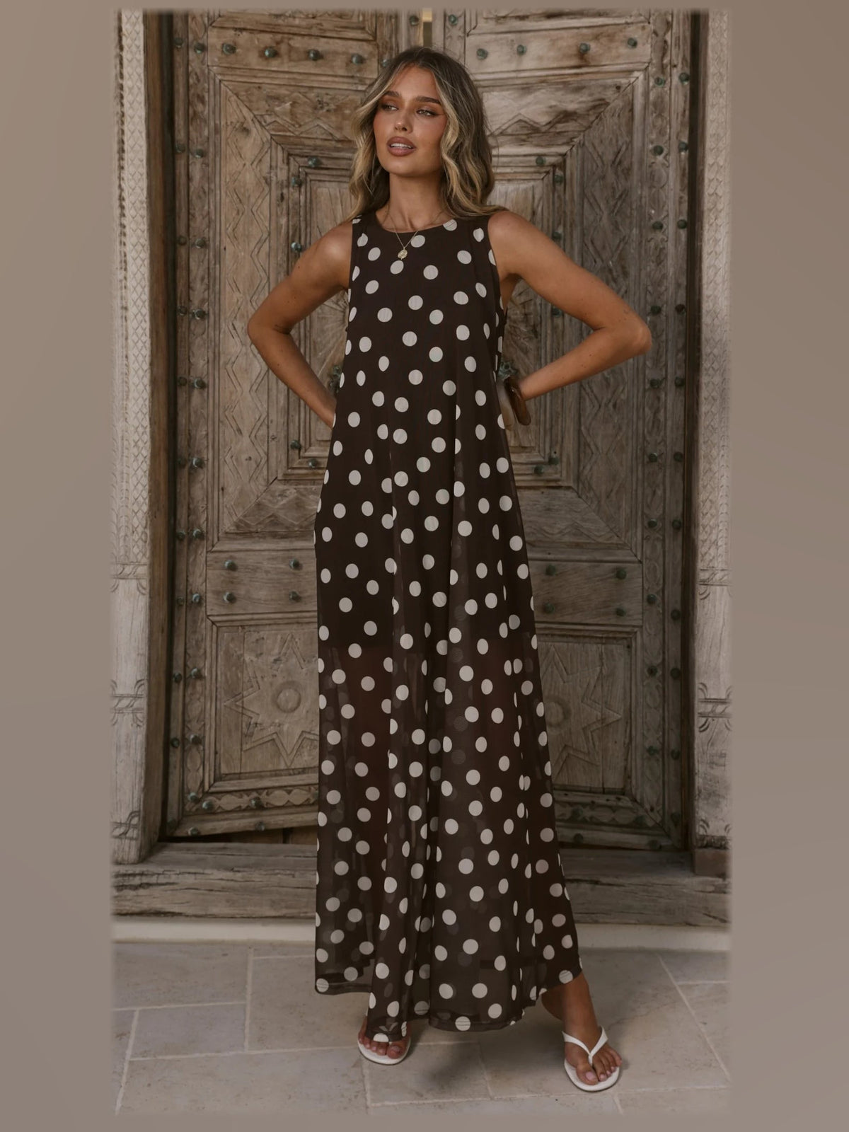 Chocolate White Polka Dot maxi formal dress, alternate full-length view showing the hem