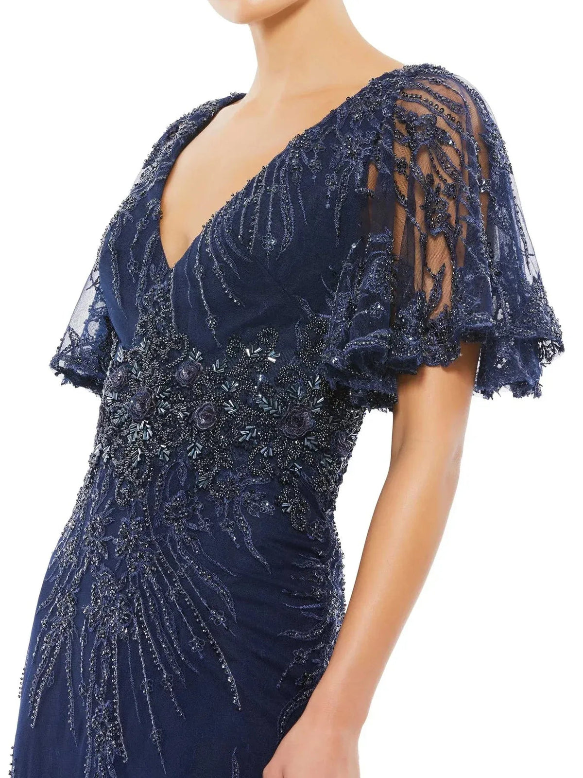 Navy V-neck beaded lace tulle mermaid formal dress with scalloped lace flutter sleeves