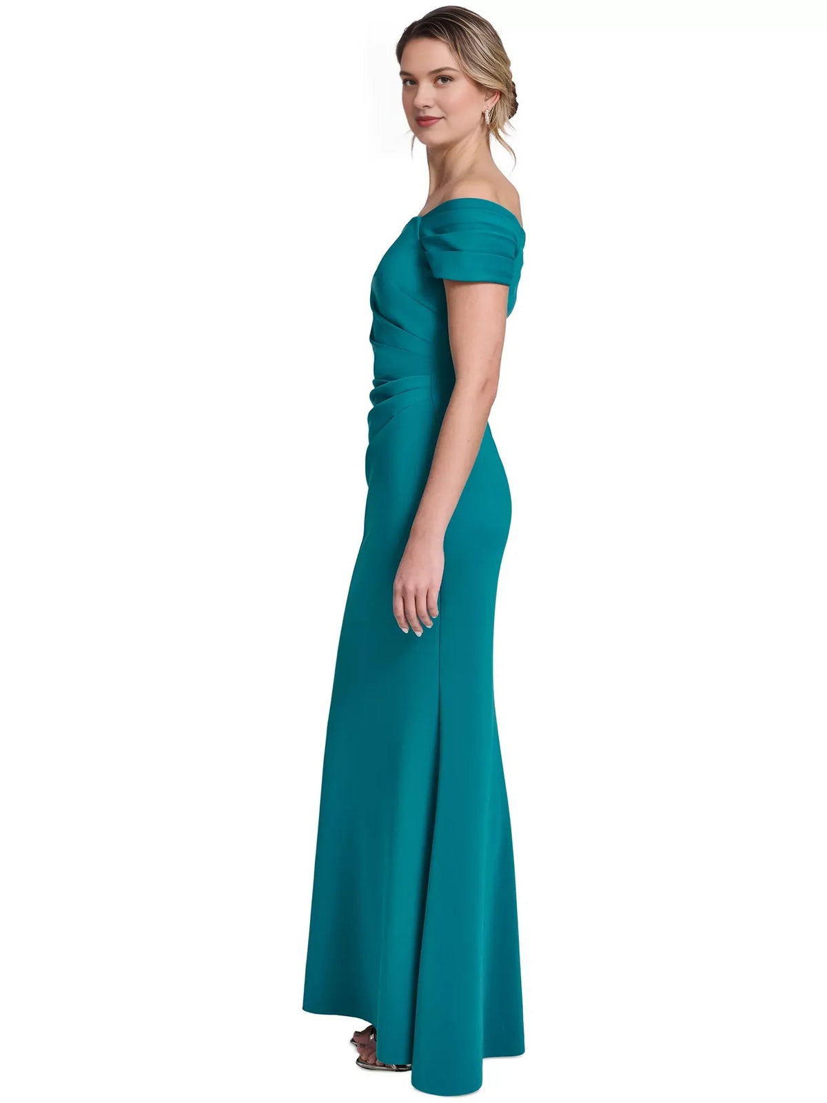 Teal off-the-shoulder floor-length dress with fitted ruched skirt