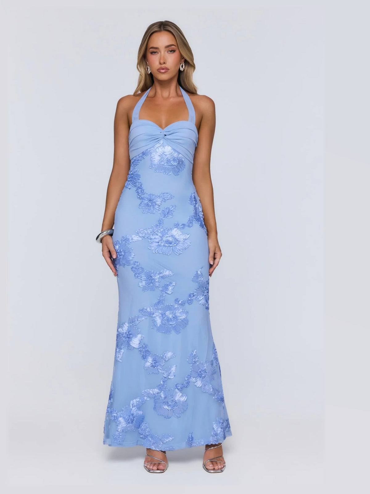 Blue maxi formal dress, alternate full-length view showing the hem