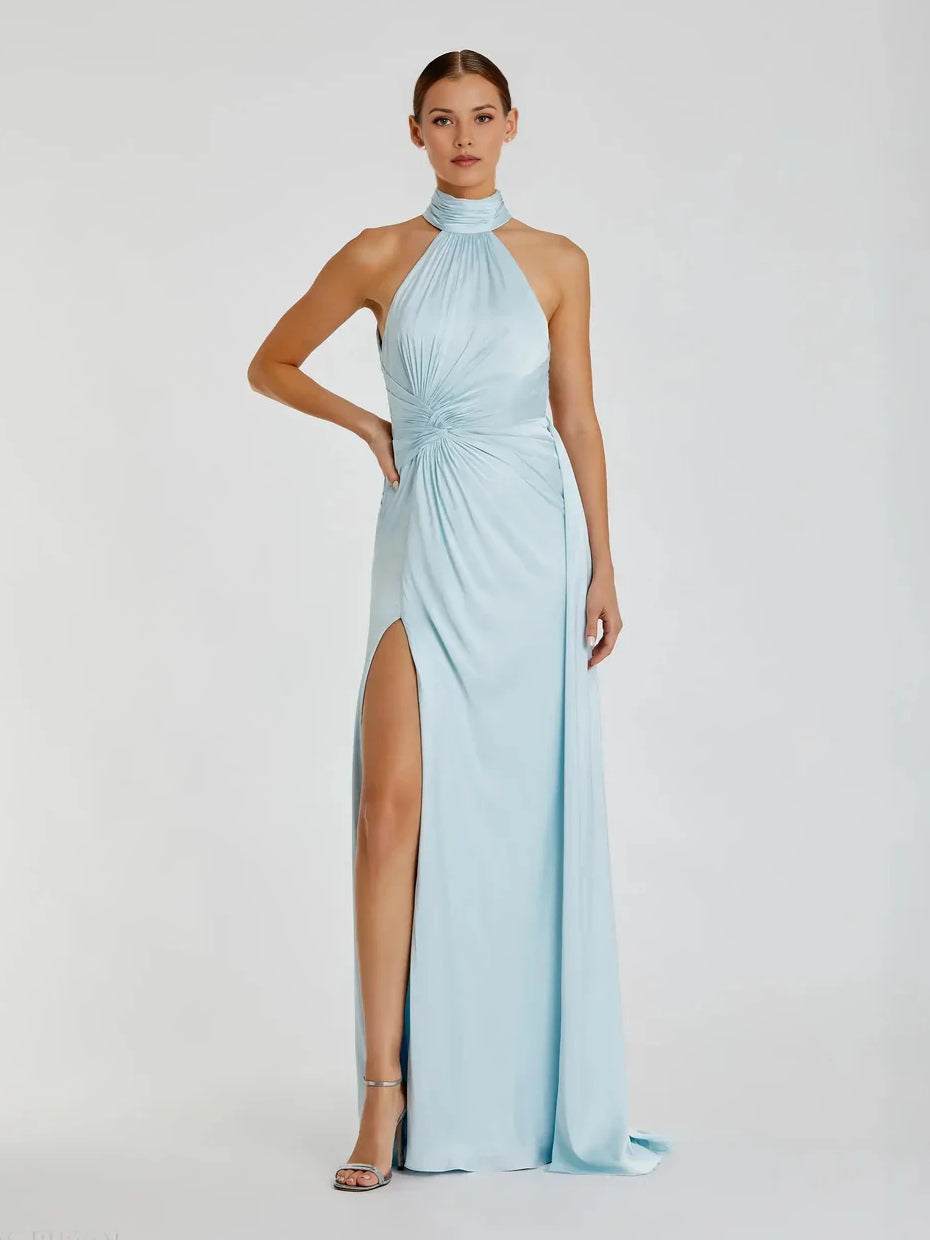 Light blue satin halter sheath prom dress with ruched waist and side slit, floor length