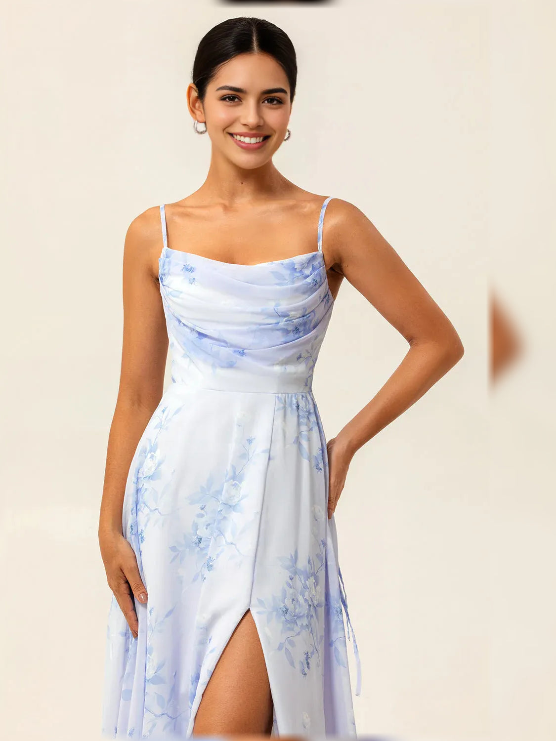 Light blue floral cowl-neck formal dress with ruched bodice and front slit, spaghetti straps