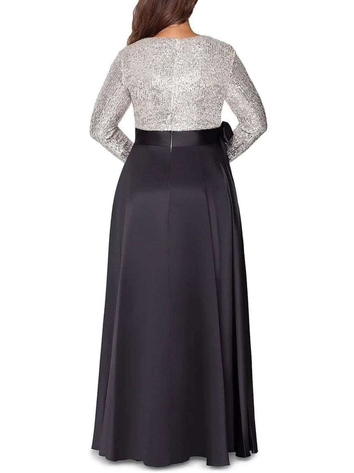 Back view formal dress with silver sequin sleeves and dark satin A-line maxi skirt
