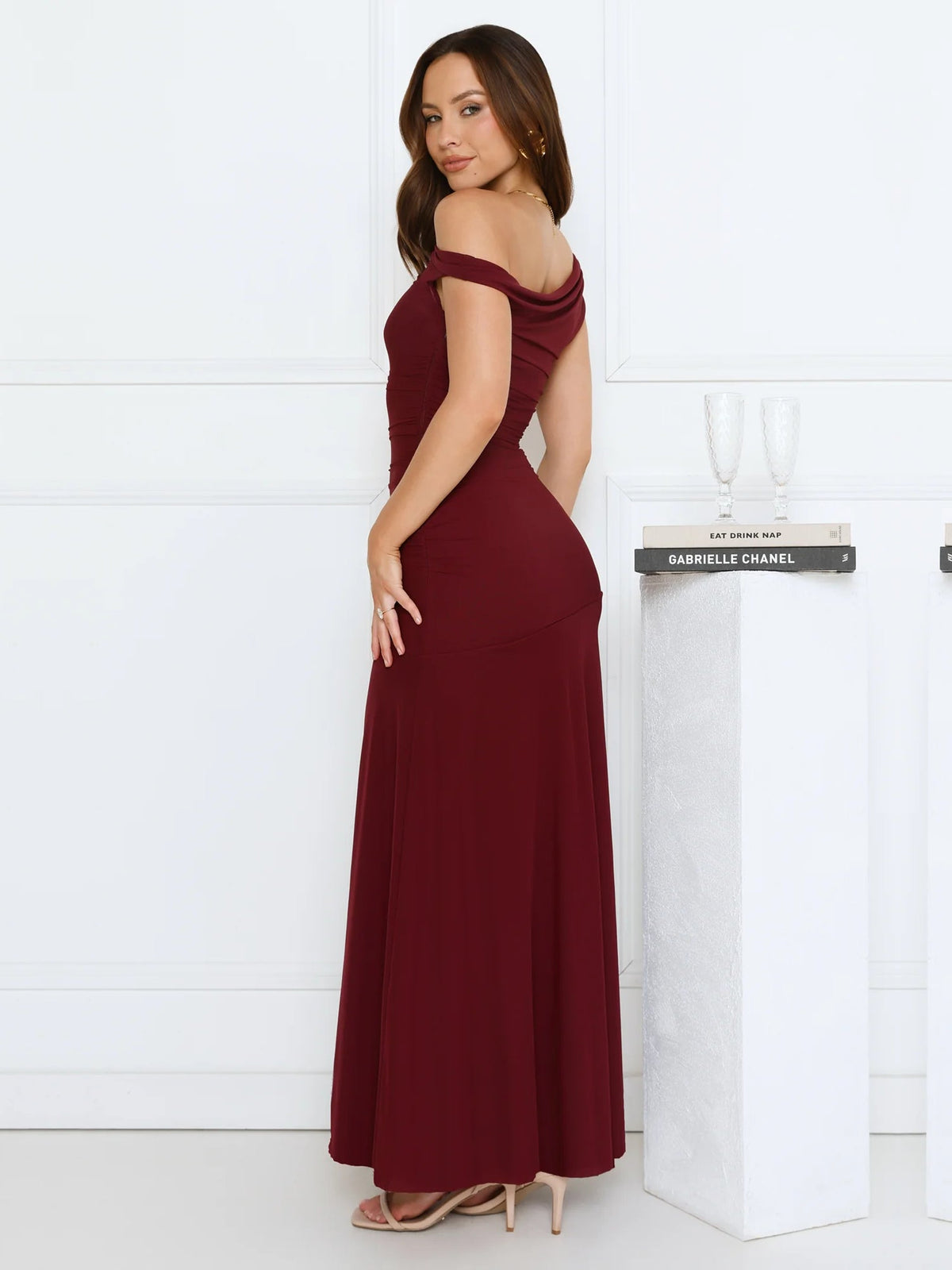 Wine sheath maxi formal dress with off-the-shoulder neckline, alternate view showing the skirt