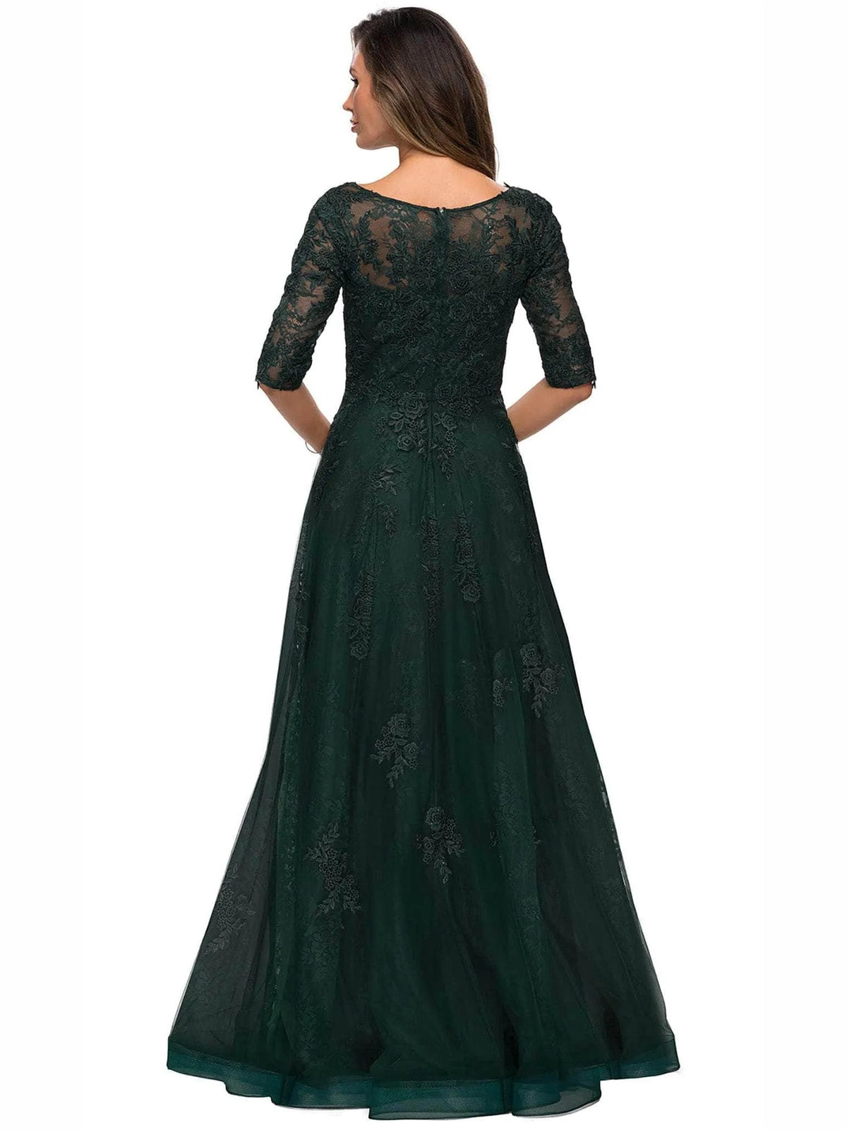 Dark green embroidered floral A-line mother of the bride tulle dress with scoop back
