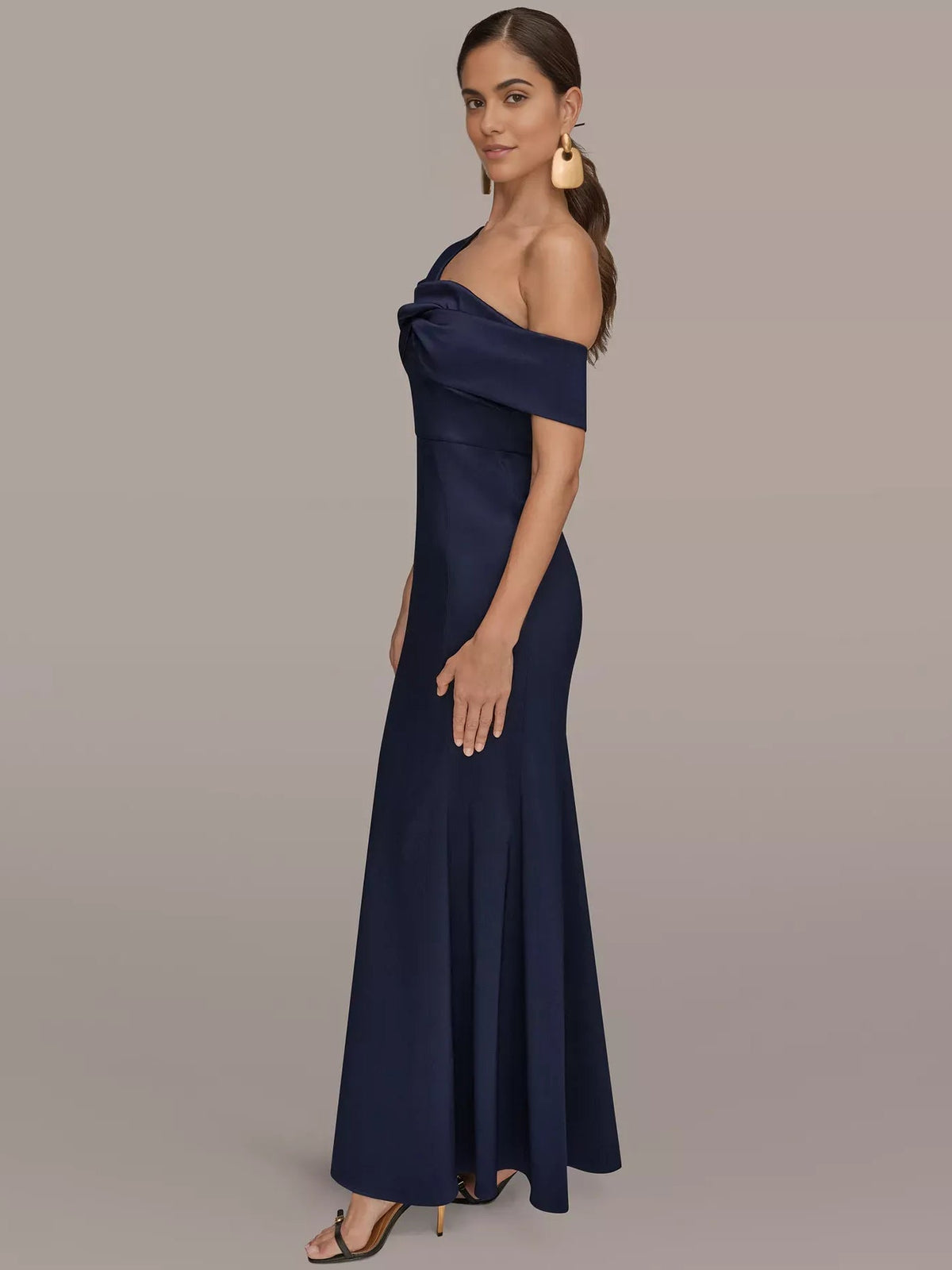 Navy one-shoulder satin mermaid formal dress, asymmetrical neckline and flared hem