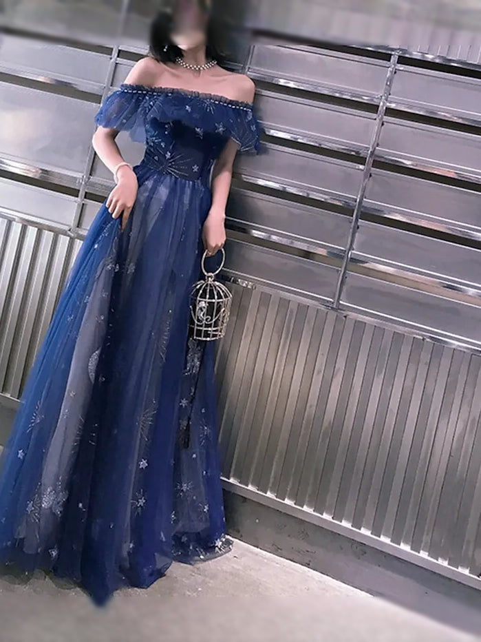 Dark navy off-shoulder A-line tulle prom dress with gathered neckline and layered tiered skirt