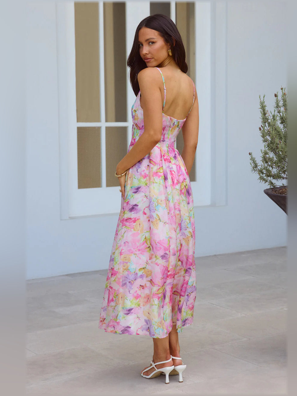 Multicolor floral print midi dress, spaghetti straps, scoop back, flowing tiered skirt