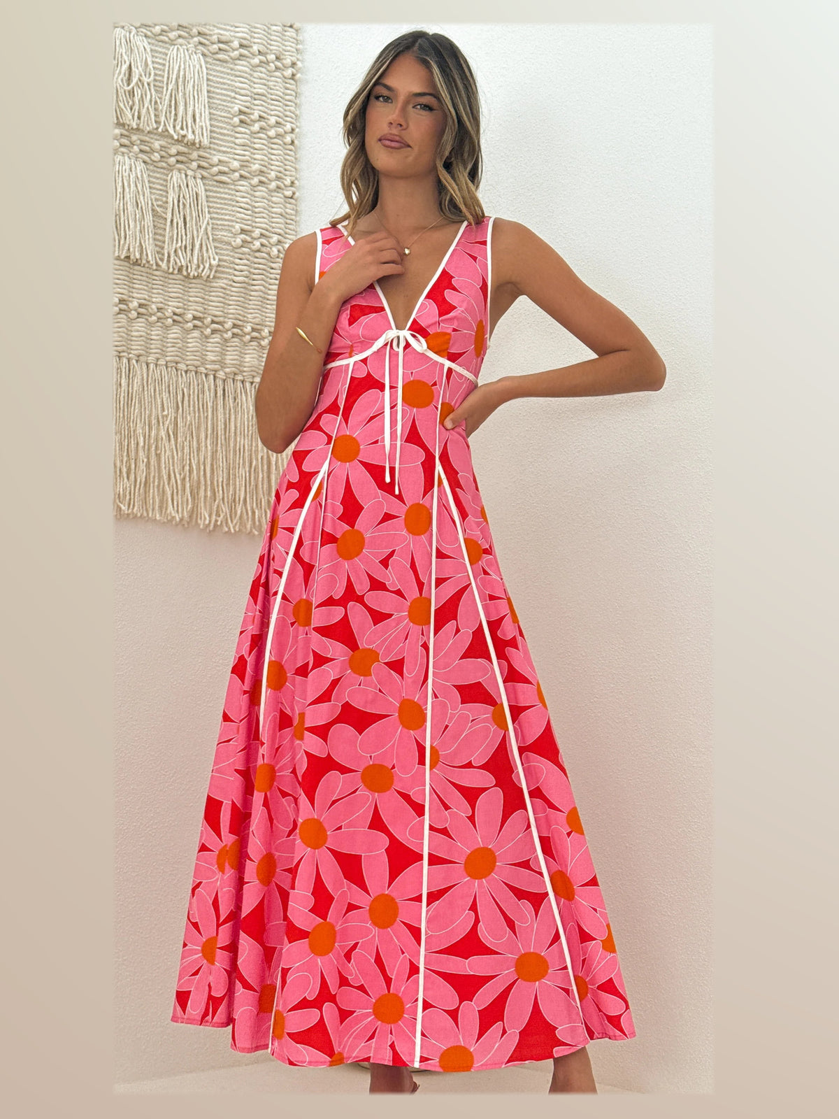 Pink Red Floral maxi formal dress, alternate full-length view showing the hem