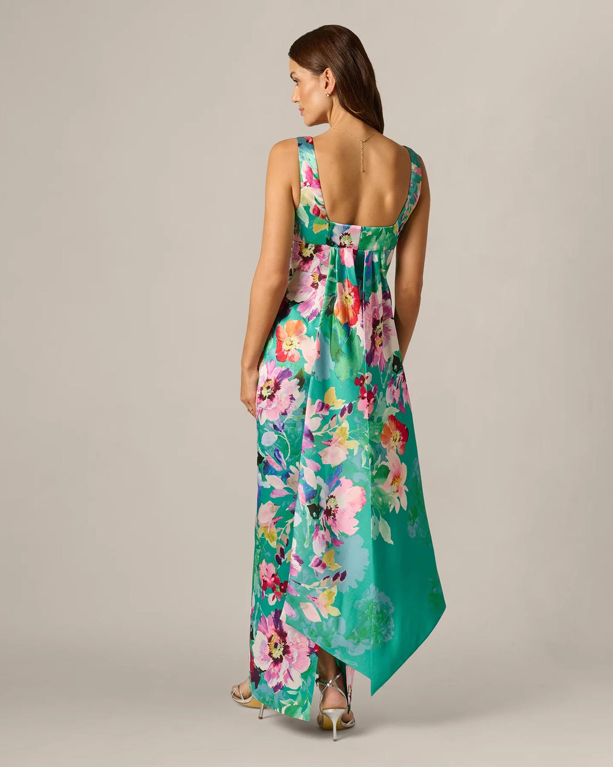 Green floral sheath maxi dress, open back with draped hem