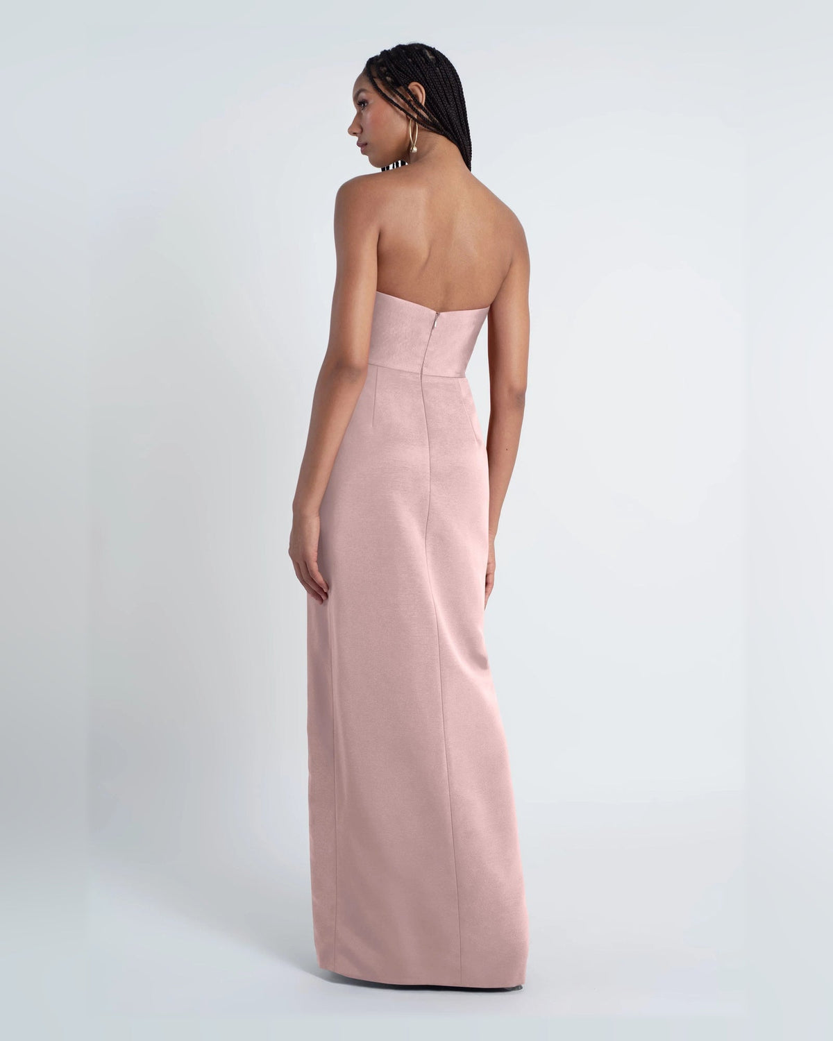 Light pink off-shoulder A-line formal dress, floor-length, rear view
