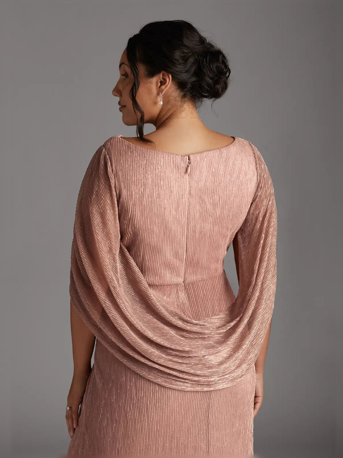 Rose-gold ruched sheath maxi dress with draped low-back panel and short sleeves