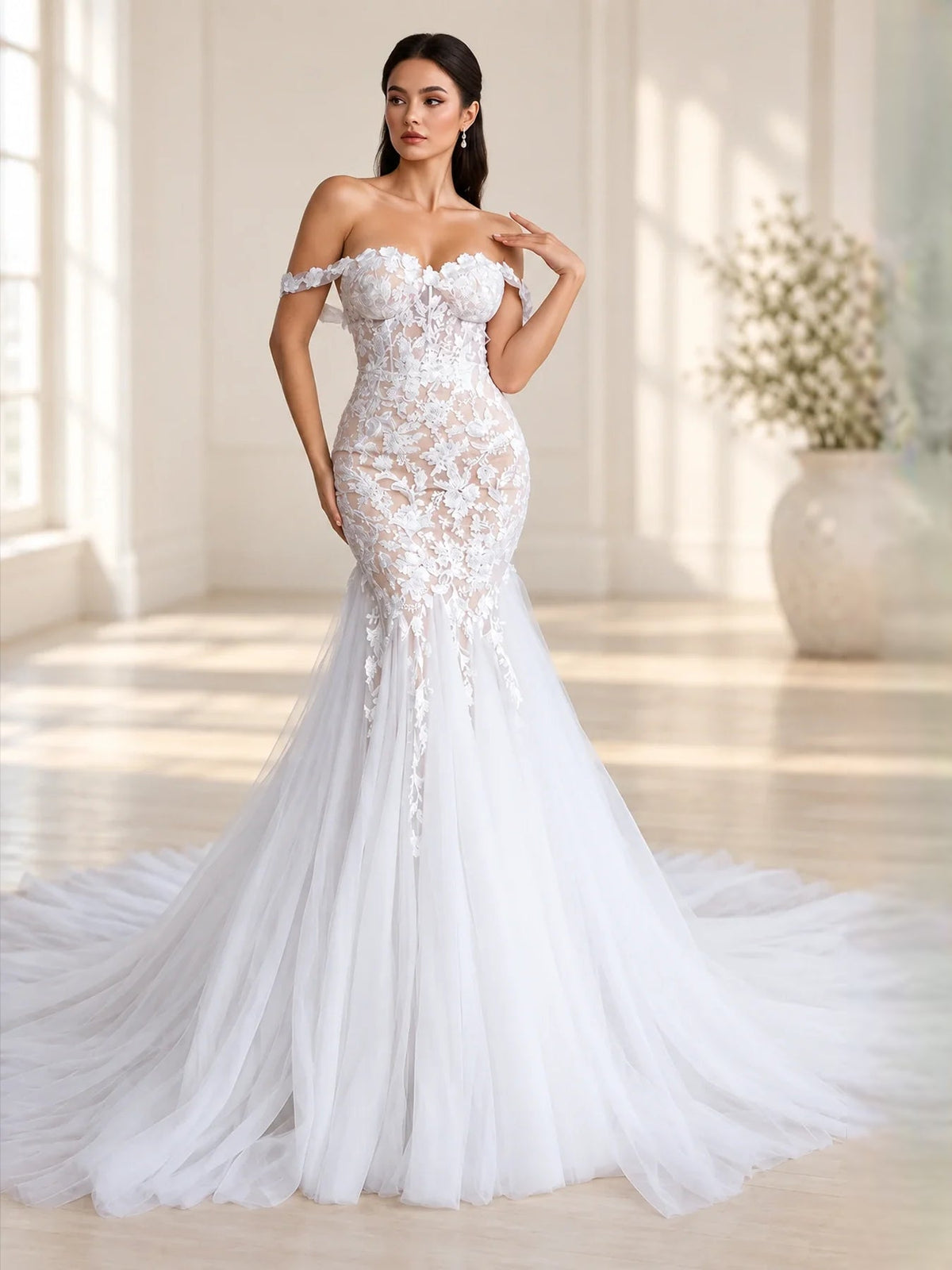 White wedding dress front view: off-shoulder sweetheart bodice with floral applique, long mermaid skirt