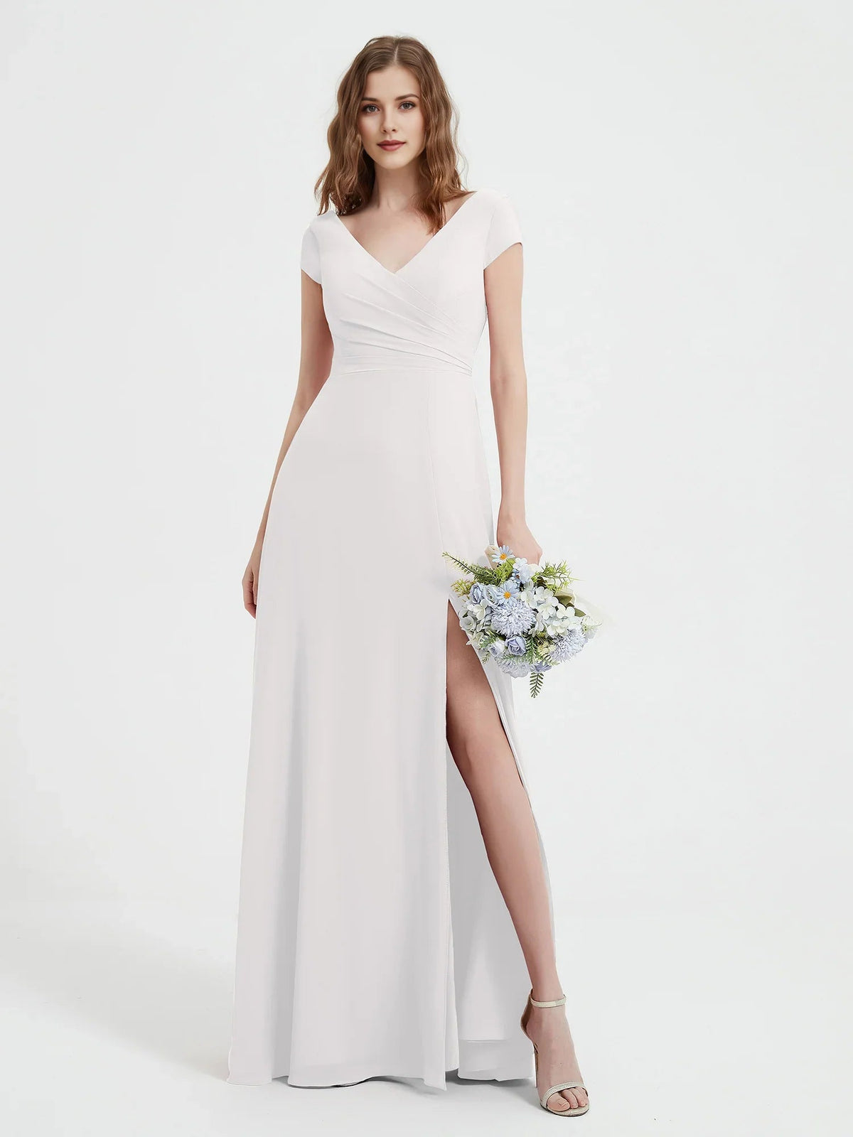 Ivory ruched V-neck A-line maxi dress with cap sleeves and side slit
