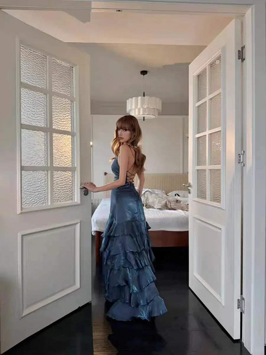 Blue V-neck tiered ruffle formal dress with side slit and spaghetti straps