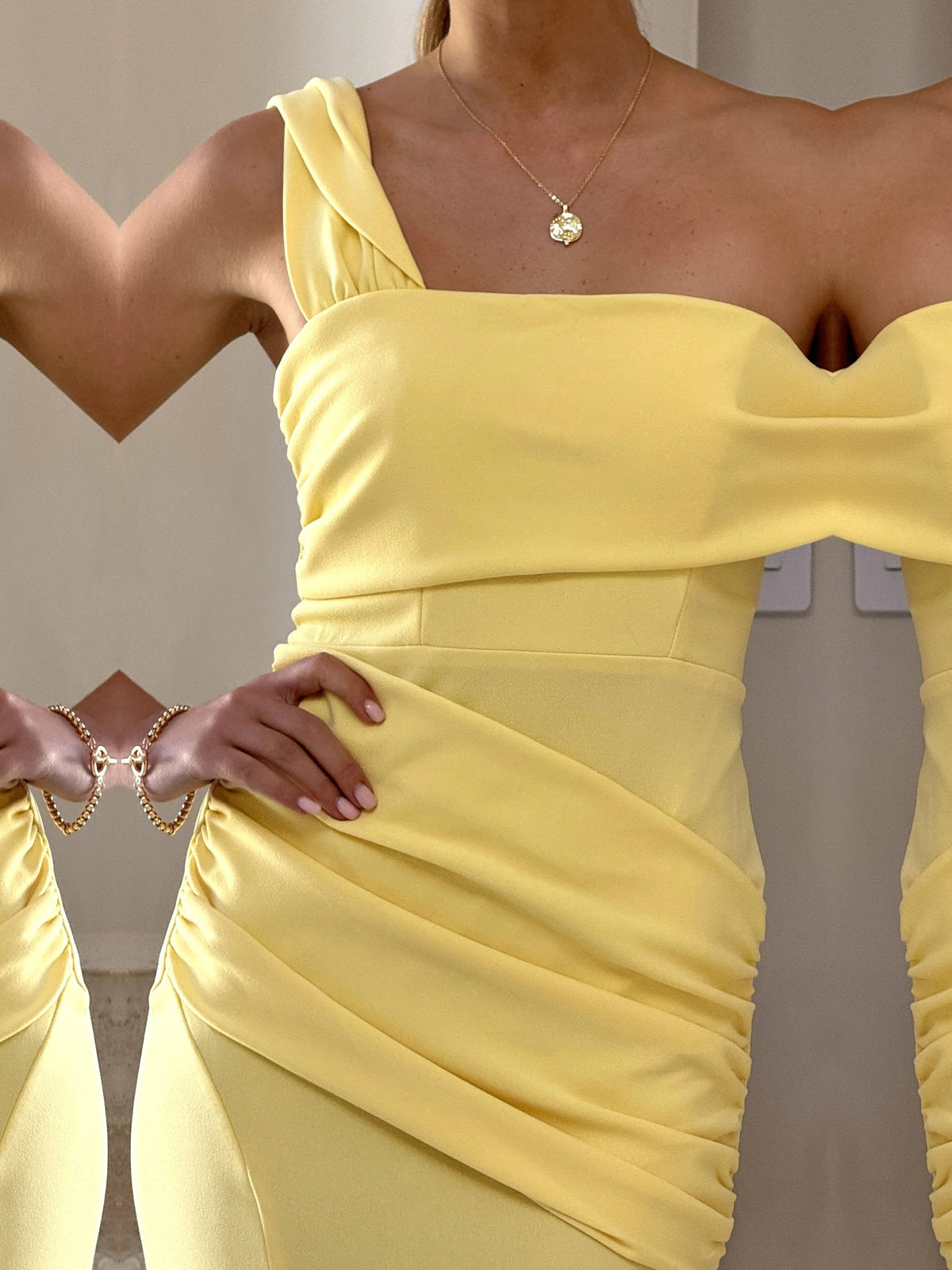 Yellow sheath maxi formal dress with ruching, alternate view showing the skirt