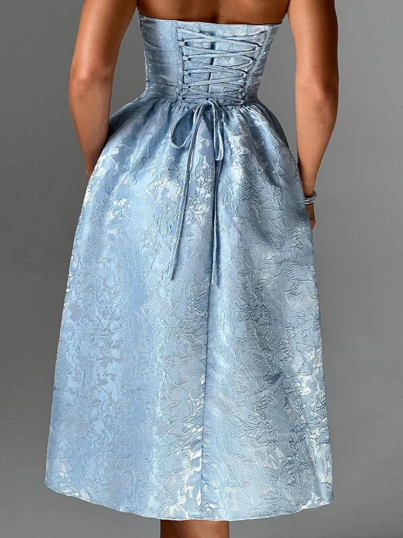Light blue strapless corset midi dress with corset lacing details and full skirt