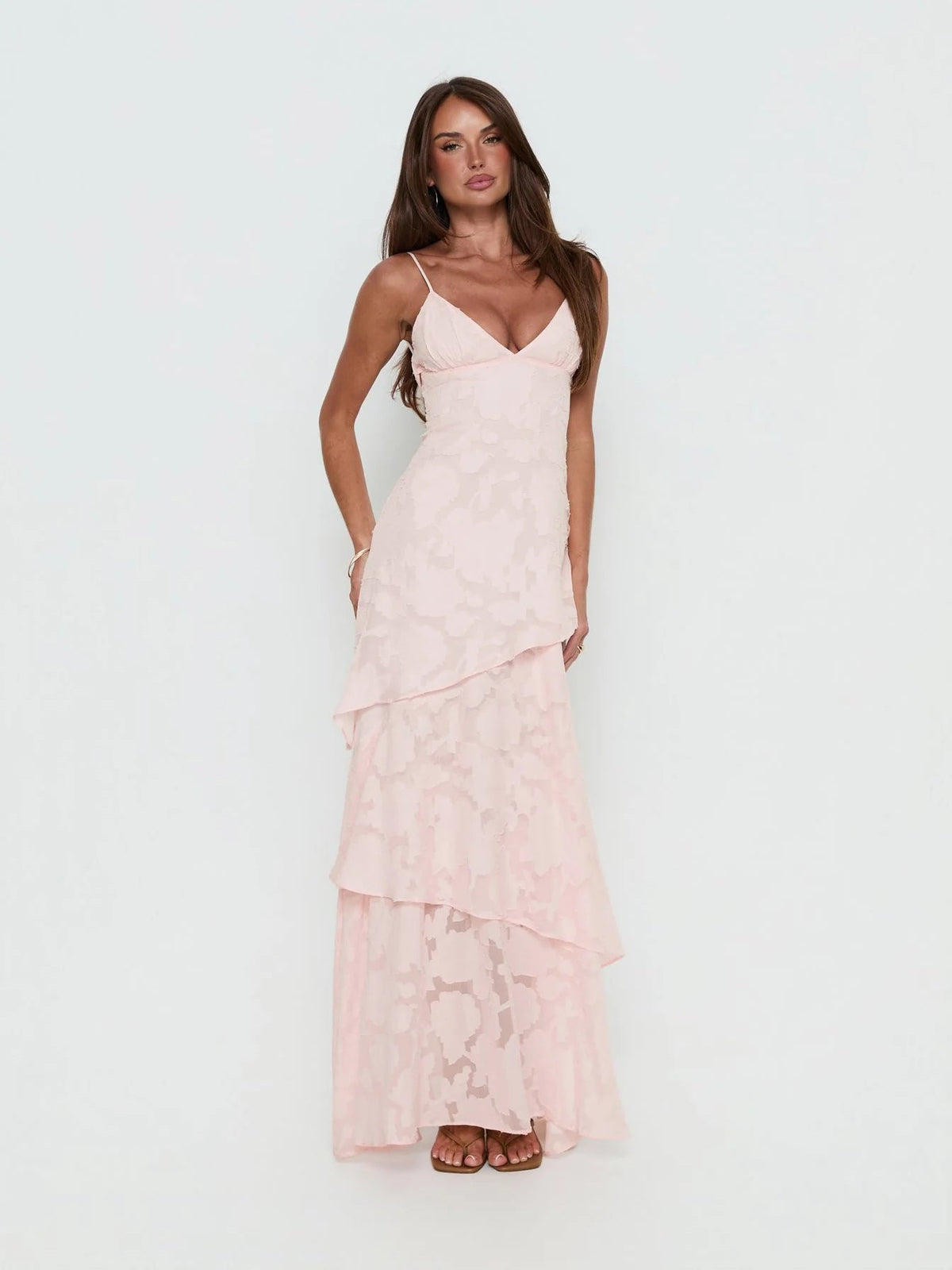 Pink a-line maxi formal dress with tiered skirt, alternate full-length view showing the skirt