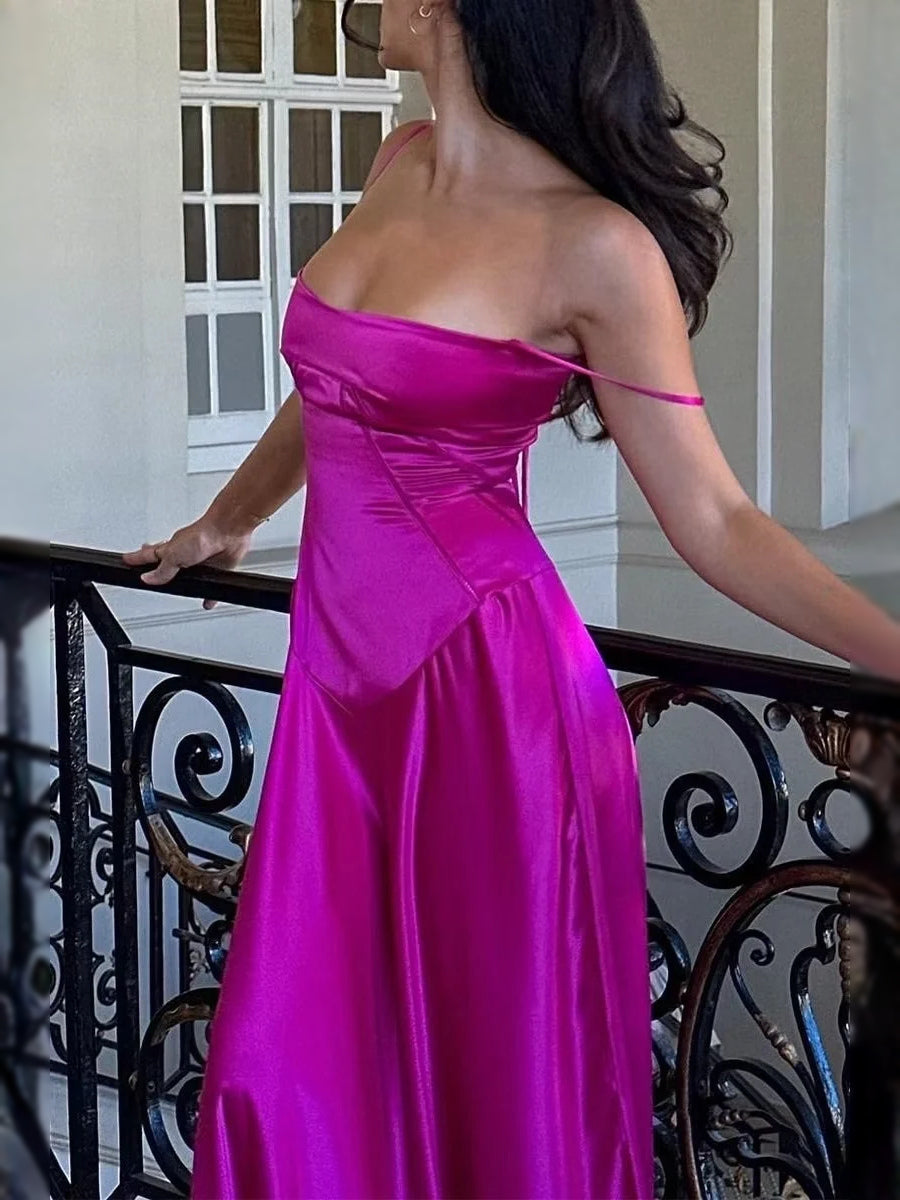 Hot pink satin prom dress backless look, square neckline, thin straps, A-line floor hem.