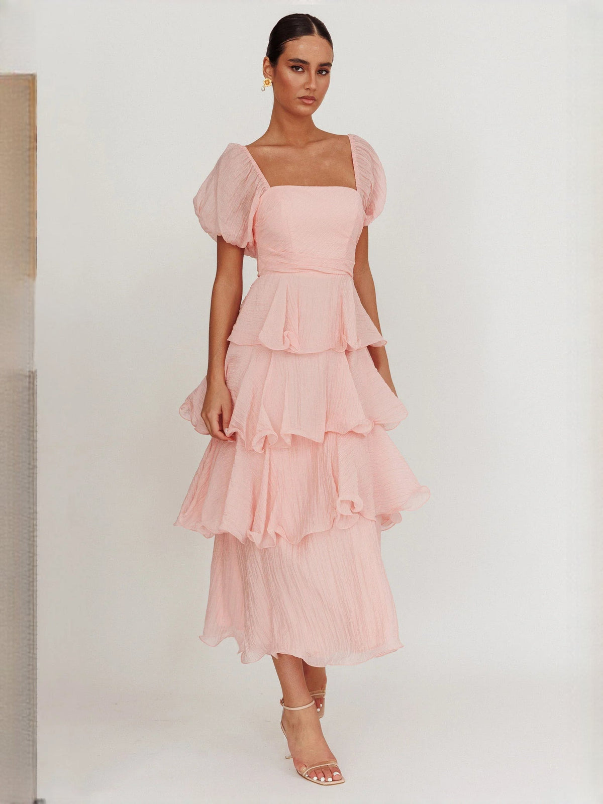 Baby Pink a-line midi formal dress with tiered skirt, alternate full-length view showing the skirt