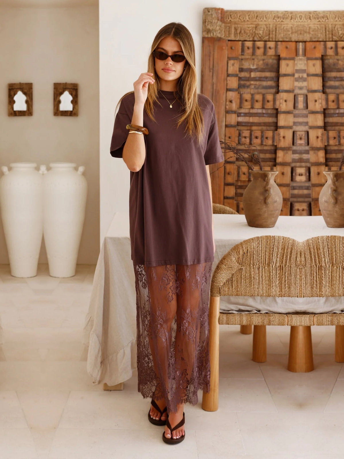 Brown a-line maxi formal dress with a-line, alternate view showing the skirt