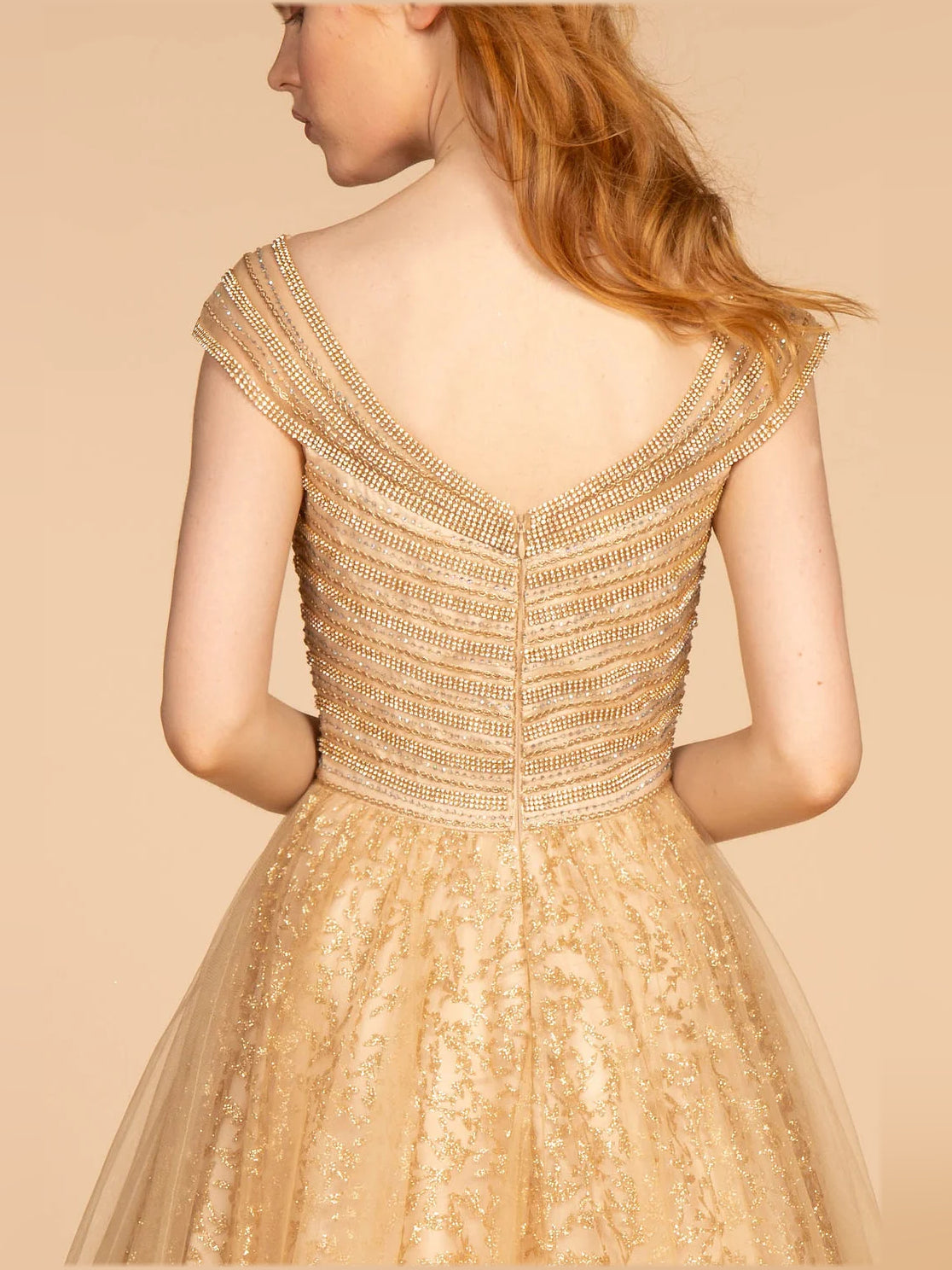 Gold beaded V-neck cap-sleeve dress with shimmering tulle A-line skirt