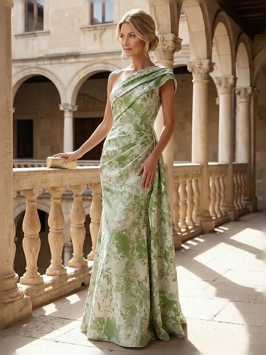 Mint green floral one-shoulder mermaid gown with ruched drape, floor-length.