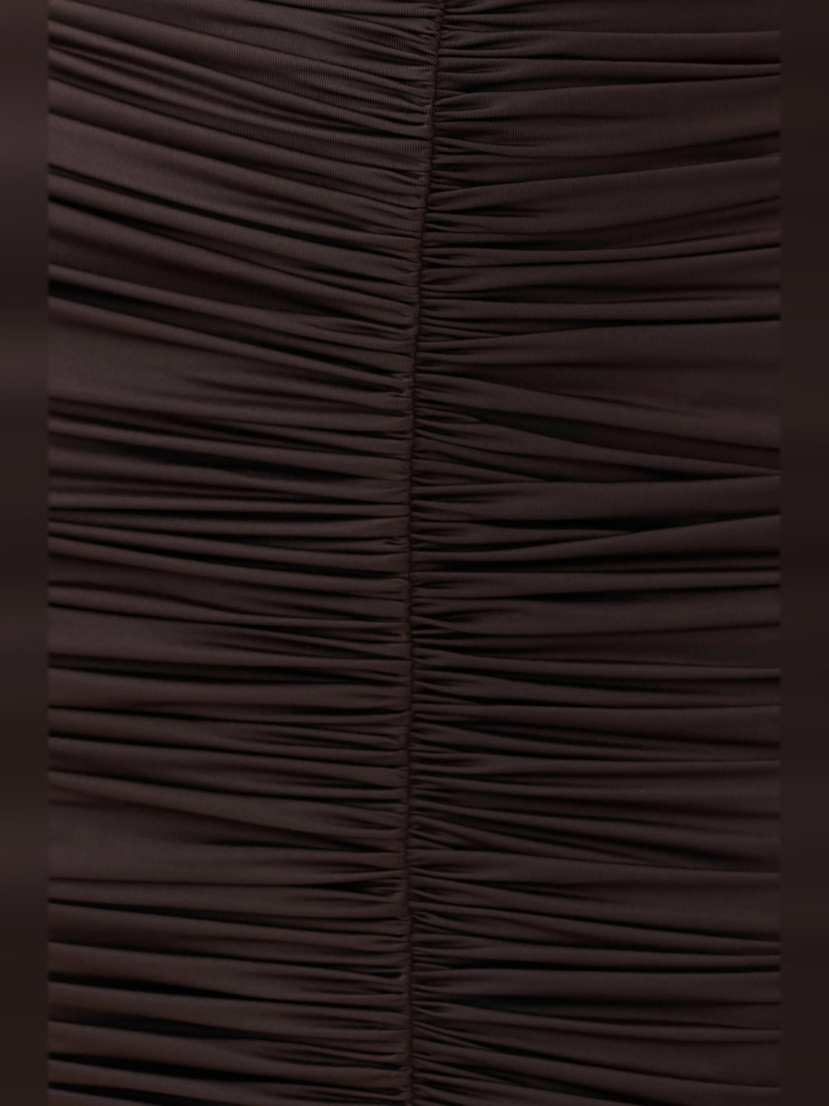 Chocolate ruched fabric panel detail at center seam