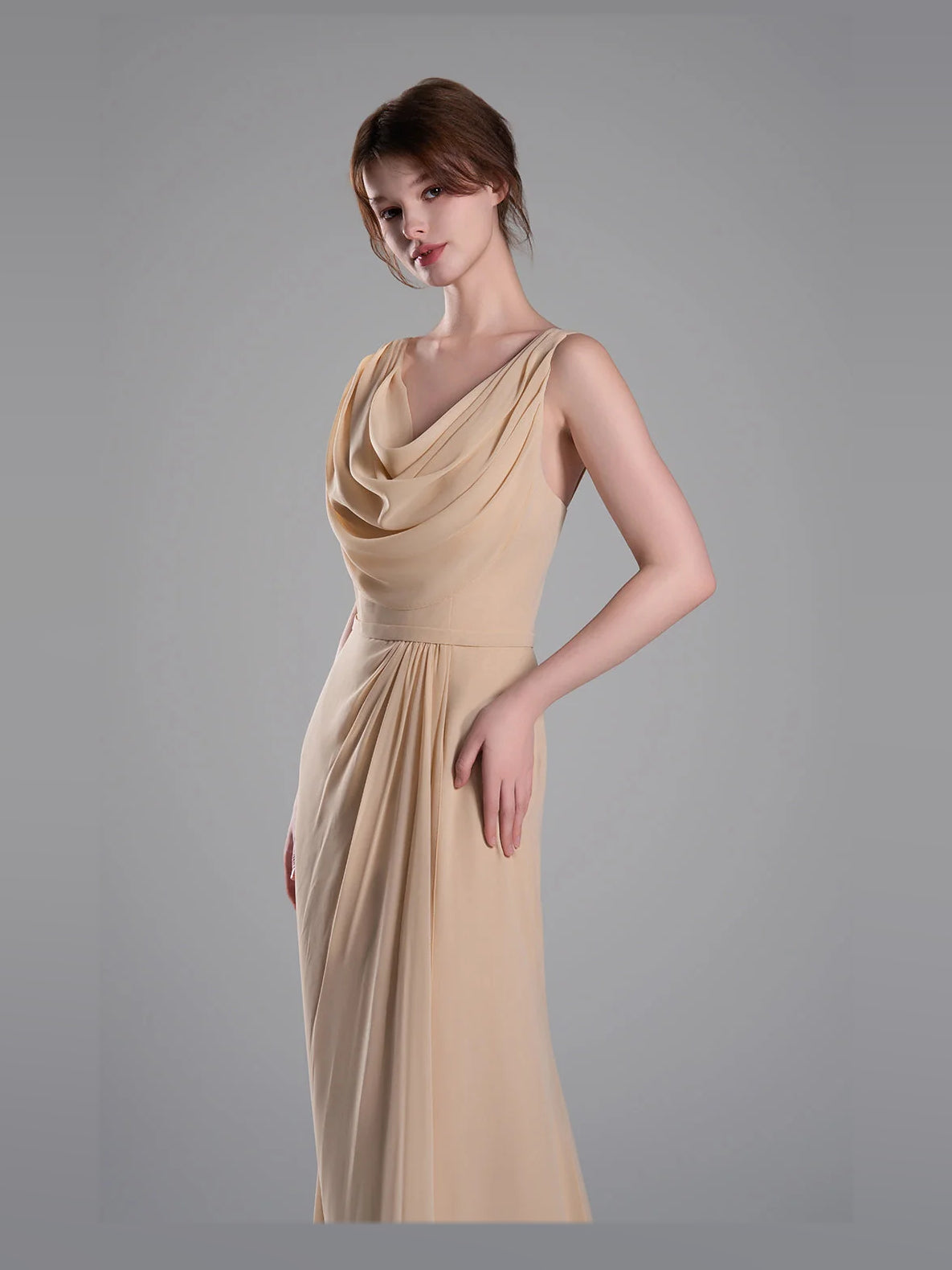 Close view of beige cowl-neck sleeveless maxi sheath dress with draped neckline