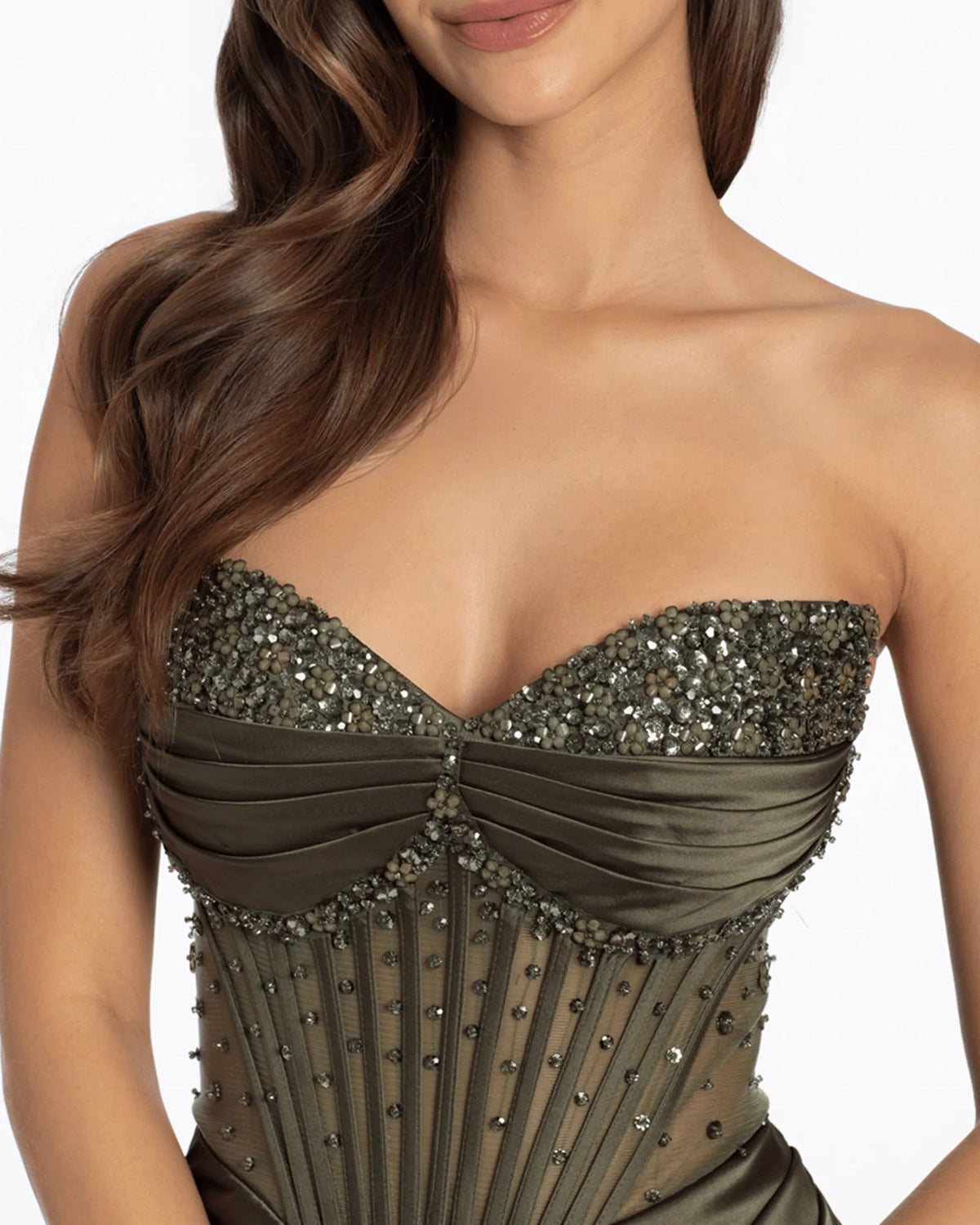 Sweetheart neckline corset dress in dark green with bead and sequin detailing