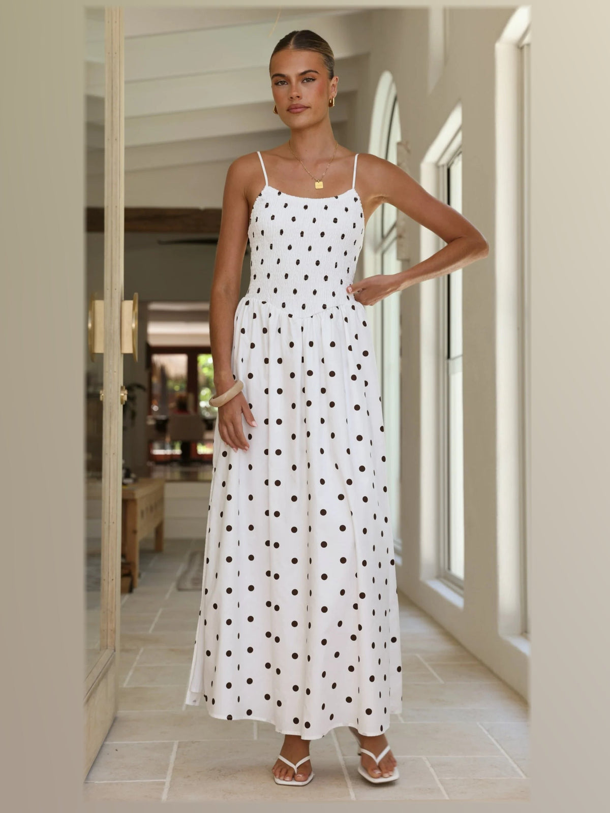 White maxi formal dress, alternate full-length view showing the hem