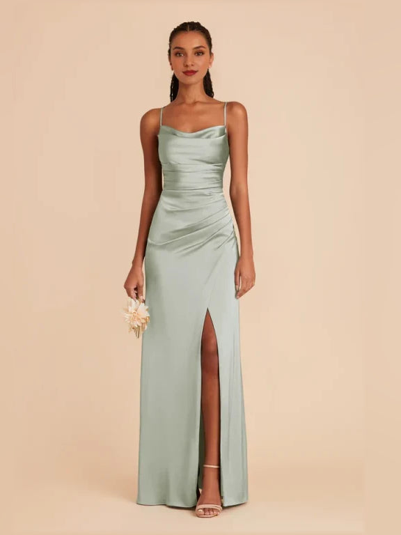 Mint green ruched cowl-neck maxi satin dress with side slit front and spaghetti straps