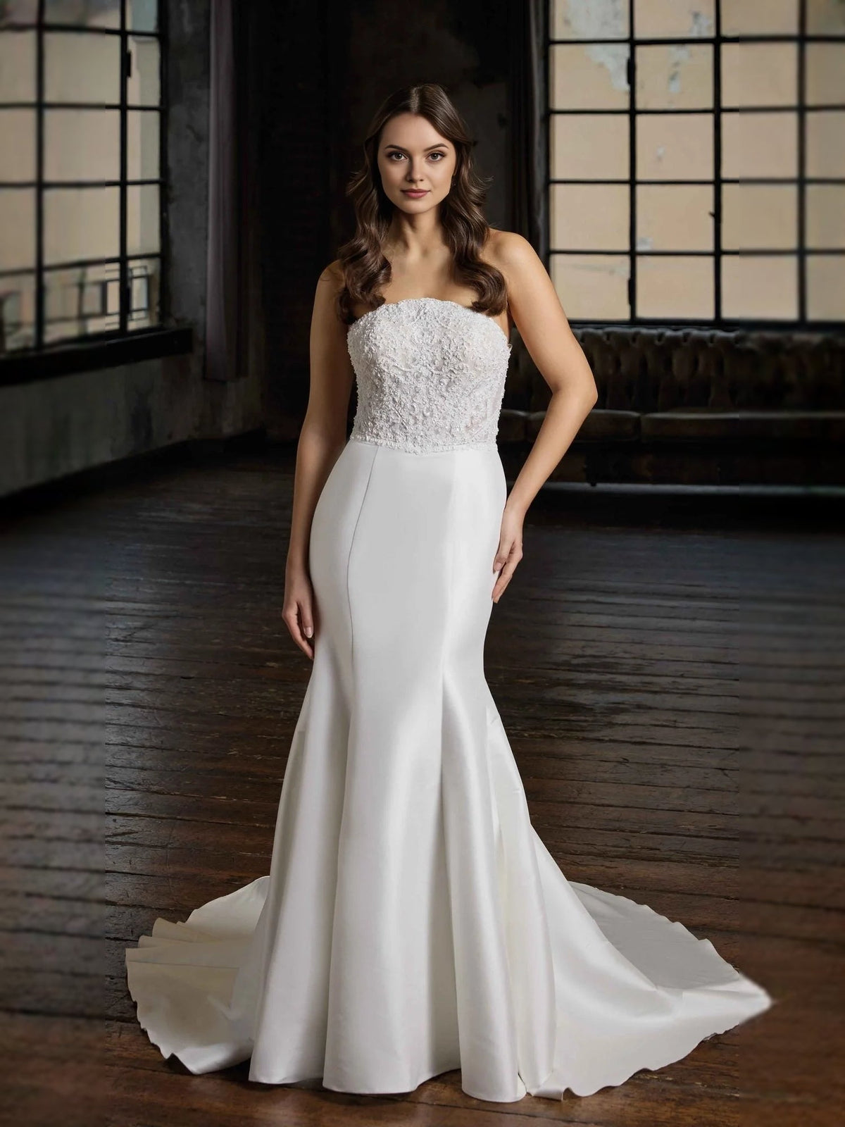Ivory strapless mermaid wedding dress with textured beaded bodice and satin skirt