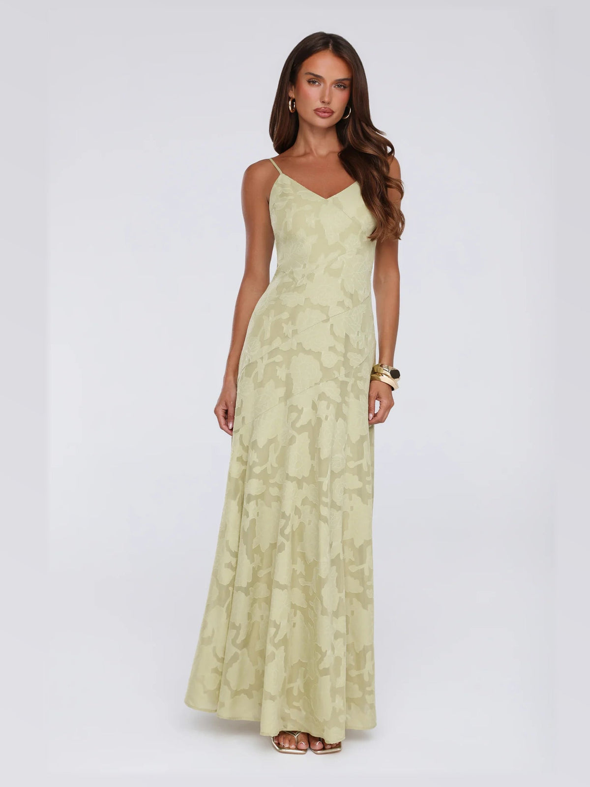 Sage maxi formal dress, alternate full-length view showing the hem