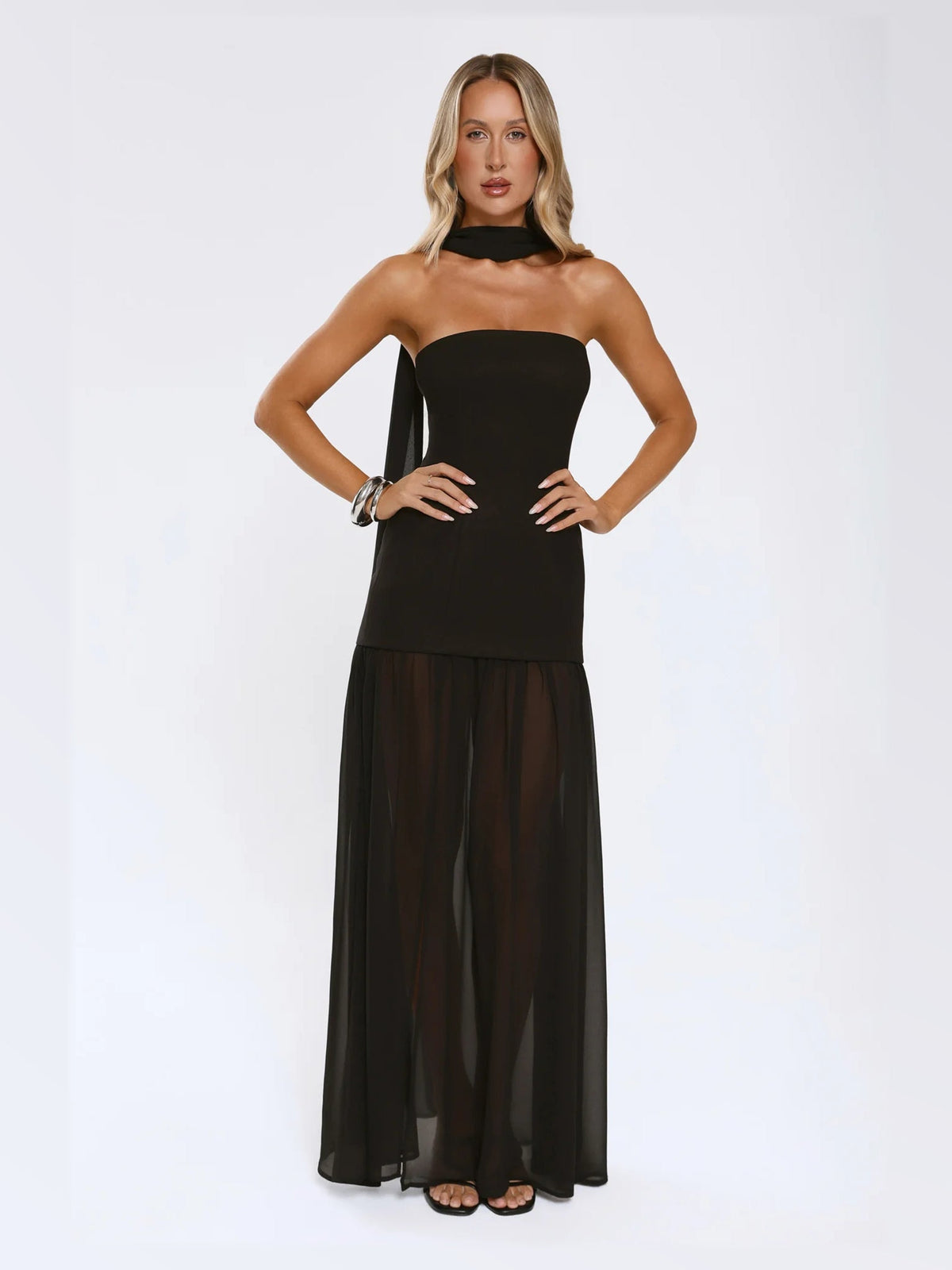 Black maxi formal dress, alternate full-length view showing the hem