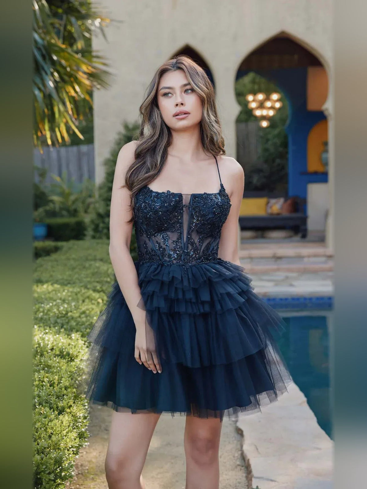 Navy tiered ruffle corset sweetheart A-line short tulle dress with spaghetti straps