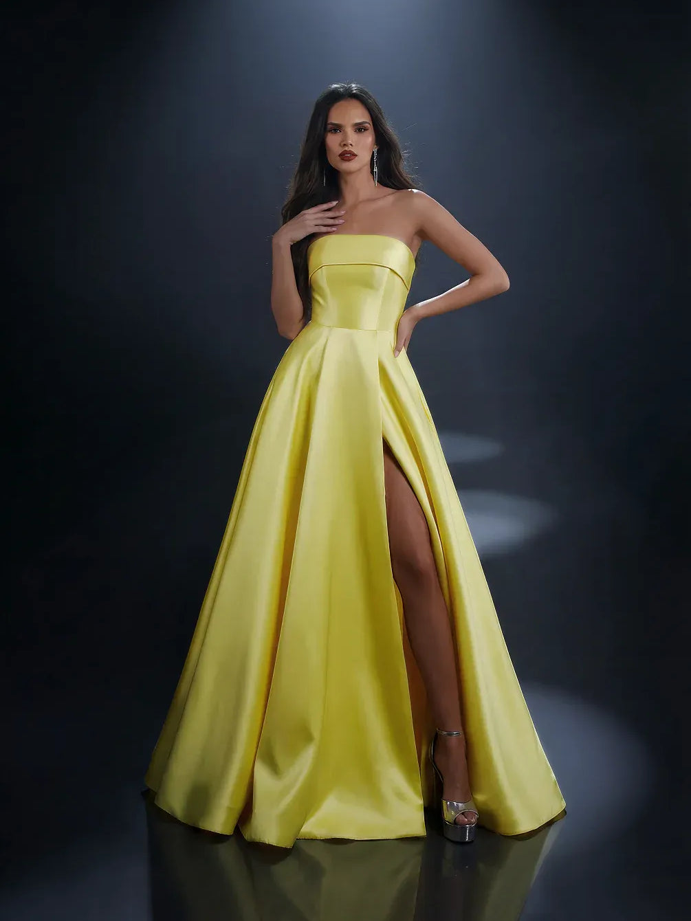 Lemon strapless satin formal dress with high slit and voluminous skirt