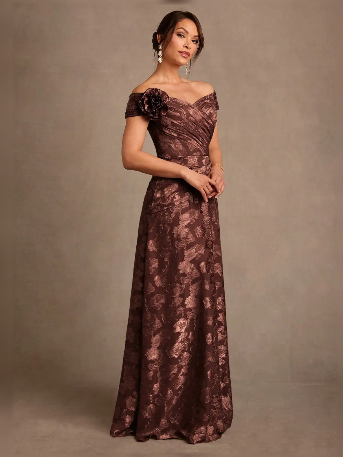 Espresso off-shoulder A-line maxi dress with rosette shoulder, ruched bodice, floral jacquard